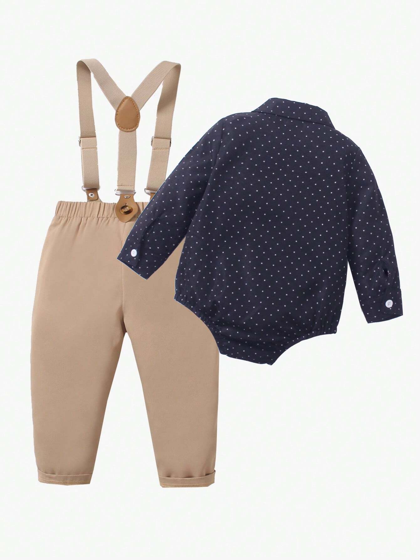 2pcs Baby Boy Gentleman Outfit, Polka Dot Long Sleeve Bowtie Shirt + Comfortable Bib Overalls Pants