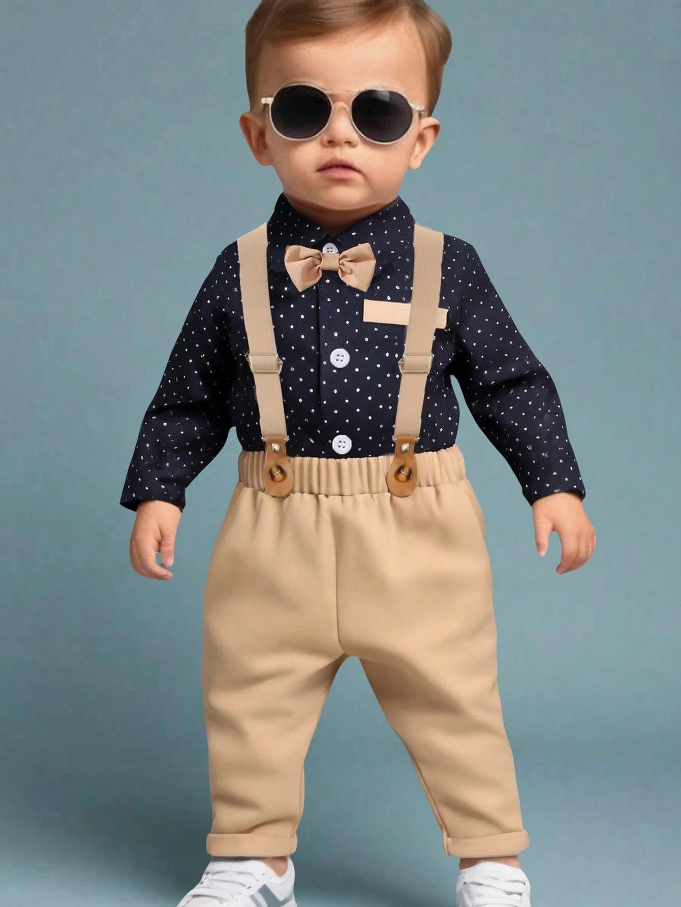 2pcs Baby Boy Gentleman Outfit, Polka Dot Long Sleeve Bowtie Shirt + Comfortable Bib Overalls Pants Multicolor 4