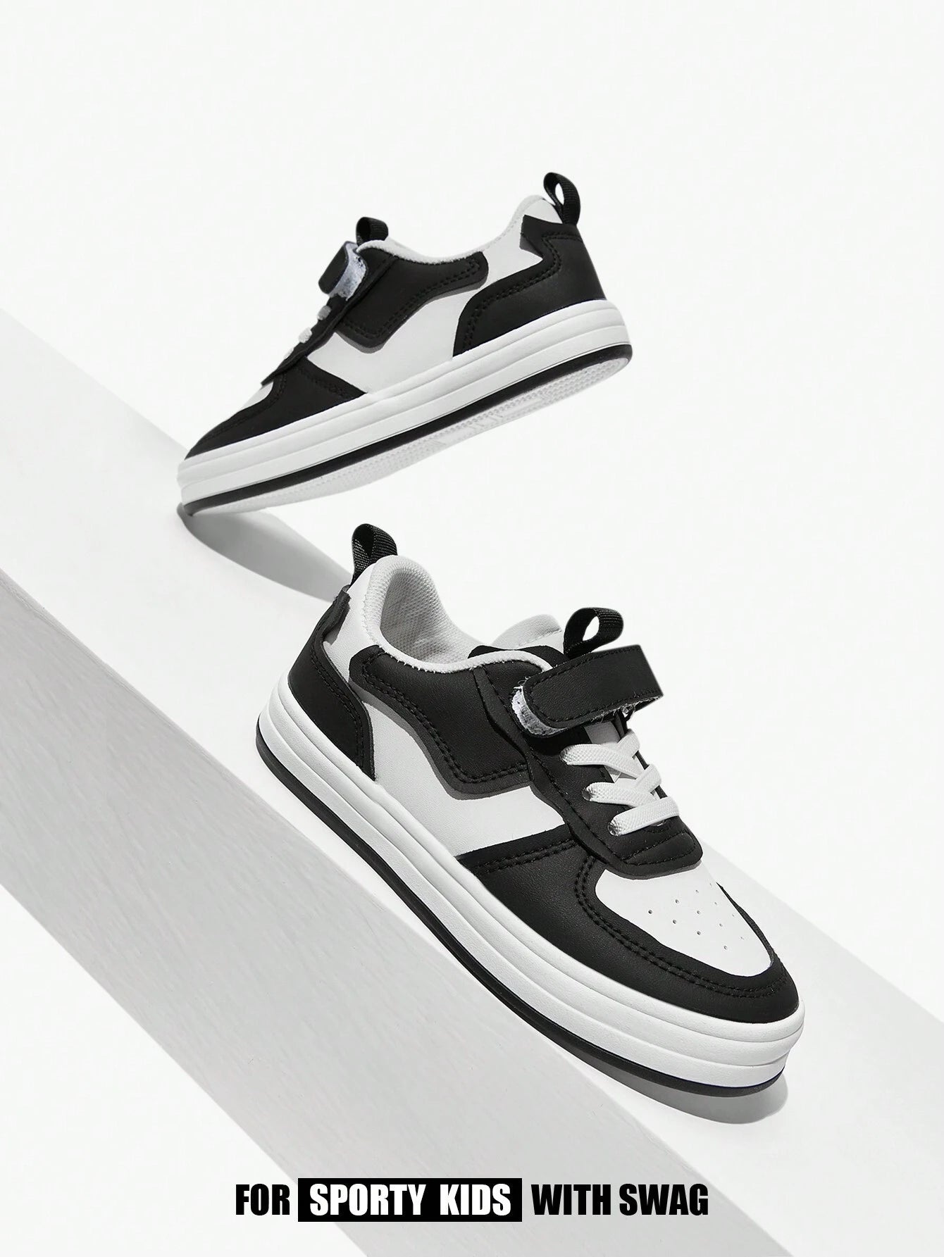 Fashion Casual All-Match Versatile Color Patchwork Children Flat Sport Shoes Black & White