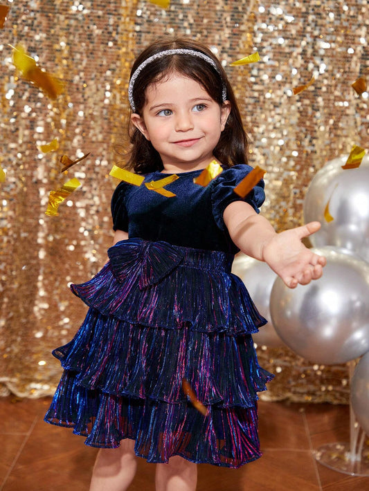 Baby Girl Elegant & Cute Navy Blue Velvet Patchwork Pleated Metallic Threads Short Sleeve Dress Navy Blue