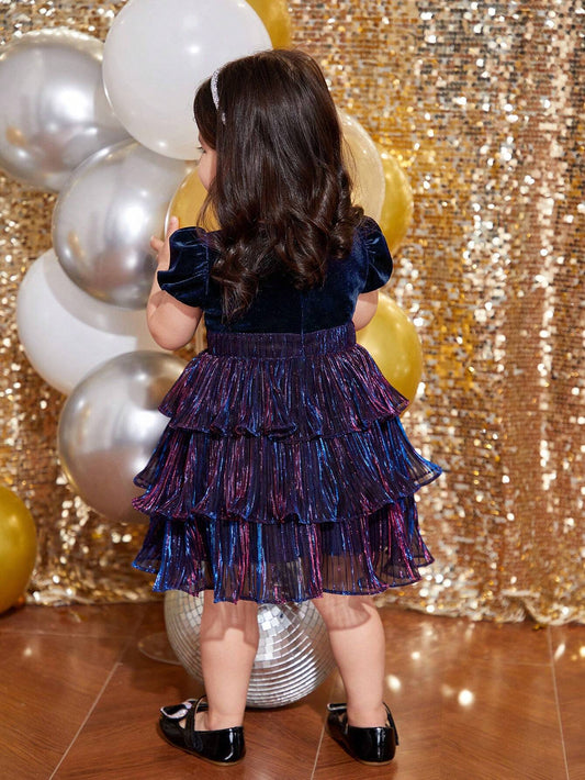Baby Girl Elegant & Cute Navy Blue Velvet Patchwork Pleated Metallic Threads Short Sleeve Dress