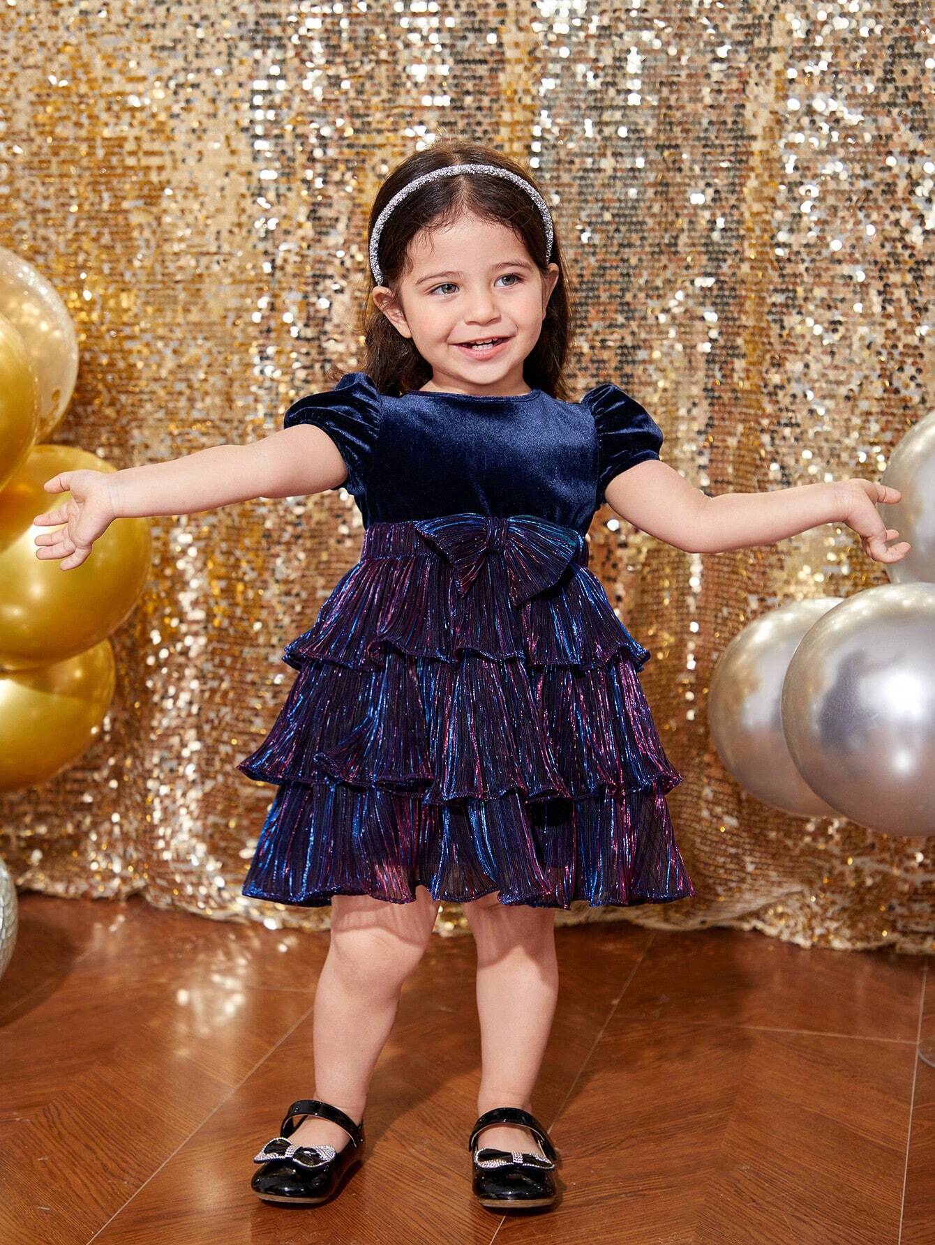 Baby Girl Elegant & Cute Navy Blue Velvet Patchwork Pleated Metallic Threads Short Sleeve Dress