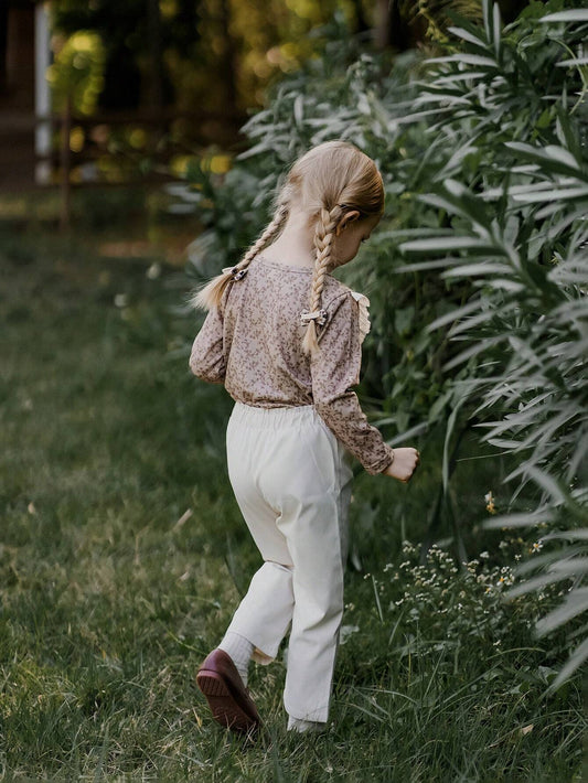 2pcs/Set Young Girl Peter Pan Collar Ditsy Floral Long Sleeve Top And Ruffle Hem Long Pants