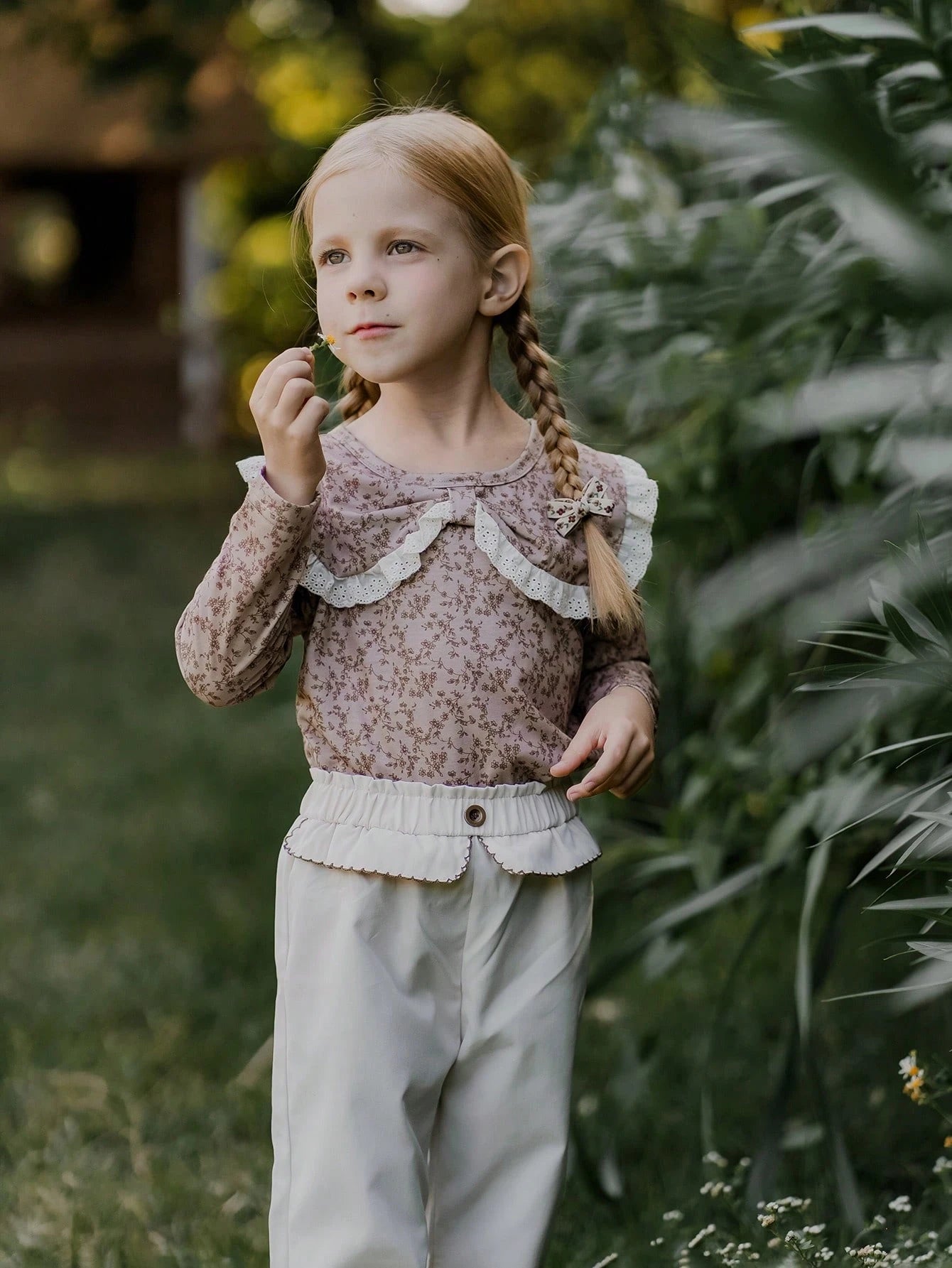 2pcs/Set Young Girl Peter Pan Collar Ditsy Floral Long Sleeve Top And Ruffle Hem Long Pants