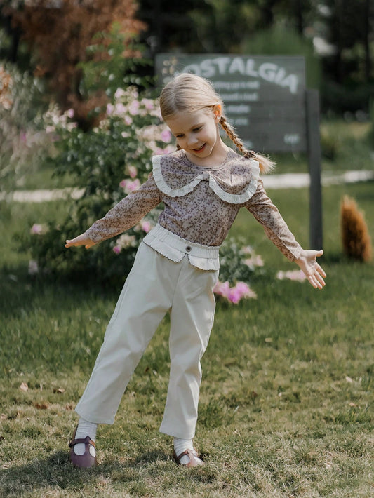 2pcs/Set Young Girl Peter Pan Collar Ditsy Floral Long Sleeve Top And Ruffle Hem Long Pants Multicolor