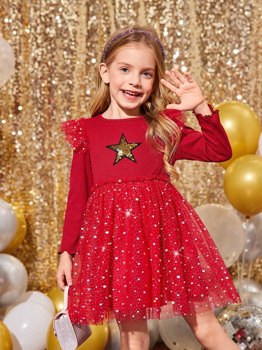 Young Girls & Toddler Girls Elegant Knit Contrast Mesh Dress Red