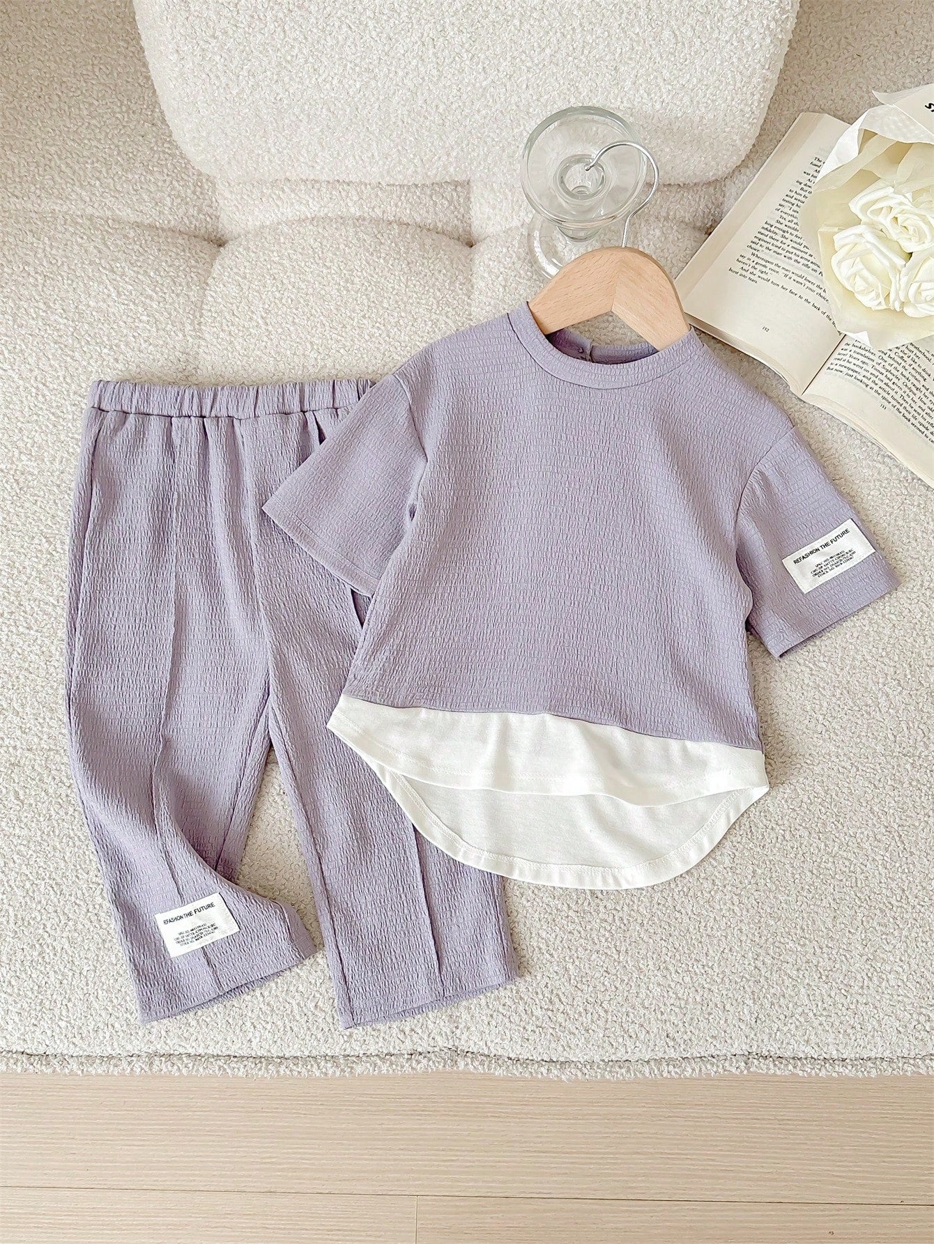Baby Girl Cute Color Block Knit 2 In 1 Mid-Length Sleeve Top And Elastic Waist Long Pants Purple
