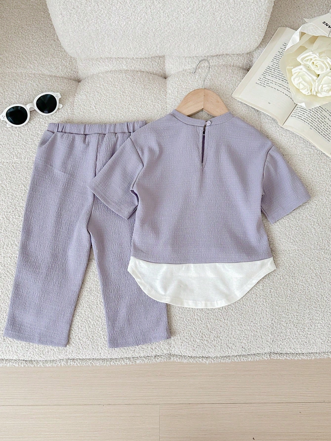 Baby Girl Cute Color Block Knit 2 In 1 Mid-Length Sleeve Top And Elastic Waist Long Pants