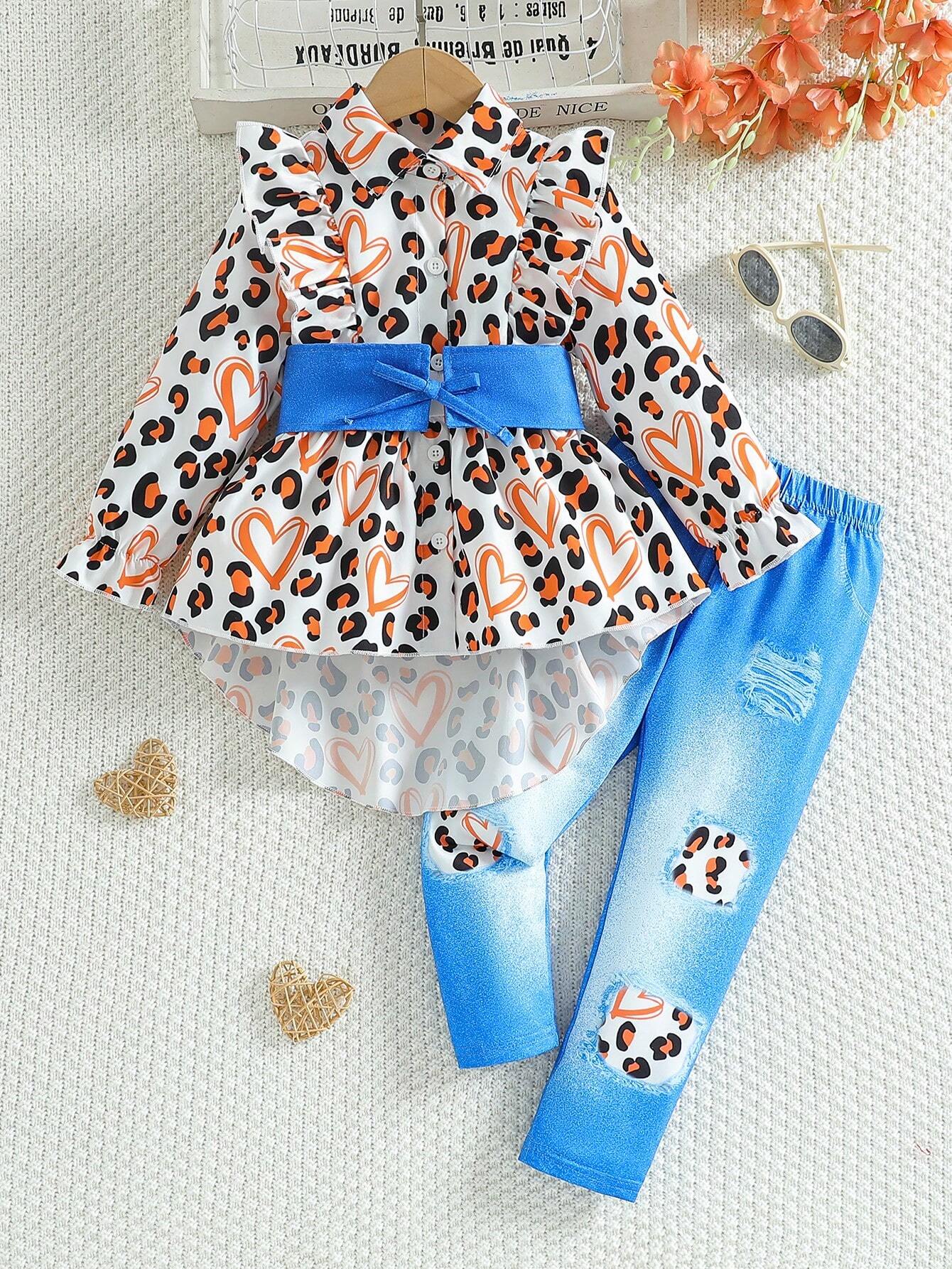 2pcs/Set Little Girls Trendy Stylish Solid Color Lapel Long Sleeve Shirt Blouse + Comfy Slim Fit Pants Multicolor