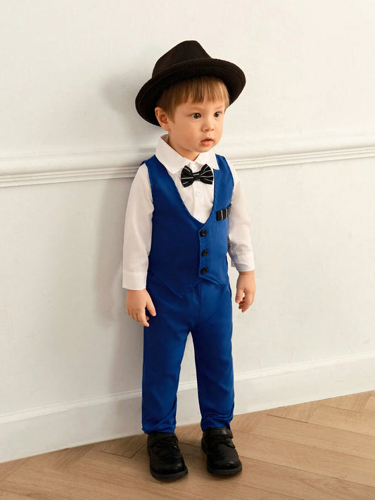 3pcs Baby Boy Set: Solid Color Long Sleeve Shirt + Vest + Pants Without Belt Loop Multicolor