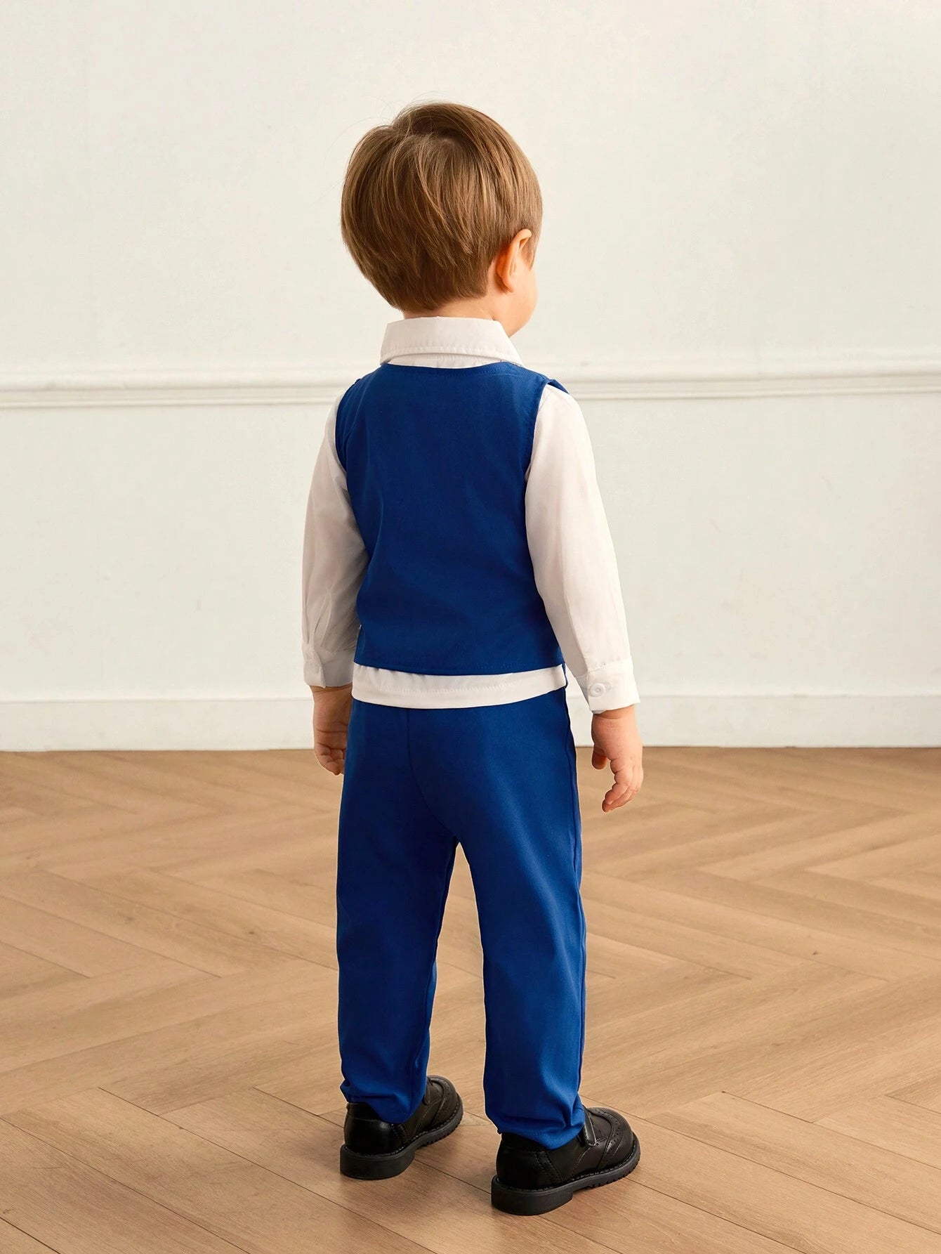 3pcs Baby Boy Set: Solid Color Long Sleeve Shirt + Vest + Pants Without Belt Loop