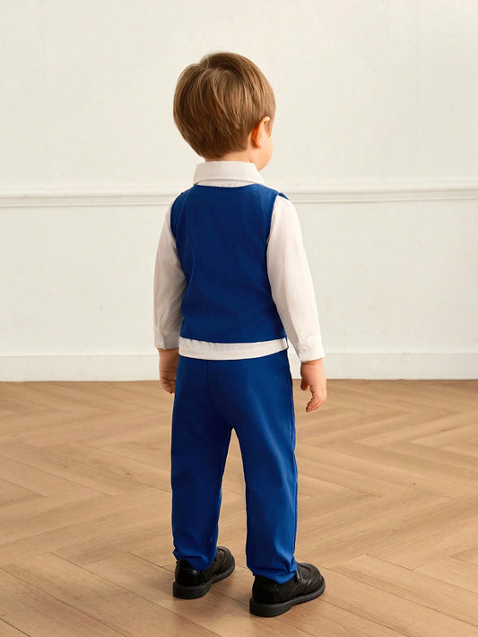 3pcs Baby Boy Set: Solid Color Long Sleeve Shirt + Vest + Pants Without Belt Loop