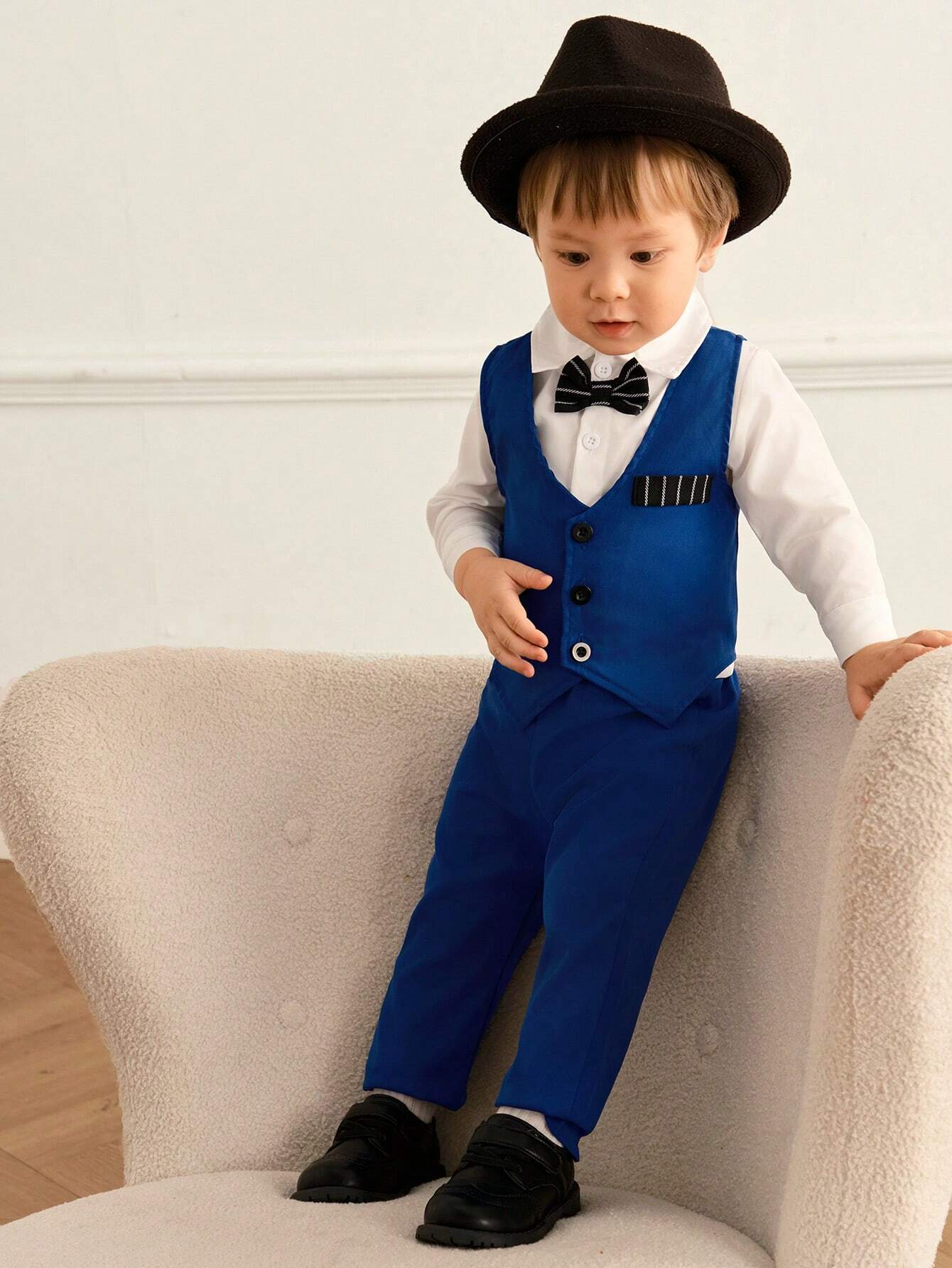 3pcs Baby Boy Set: Solid Color Long Sleeve Shirt + Vest + Pants Without Belt Loop