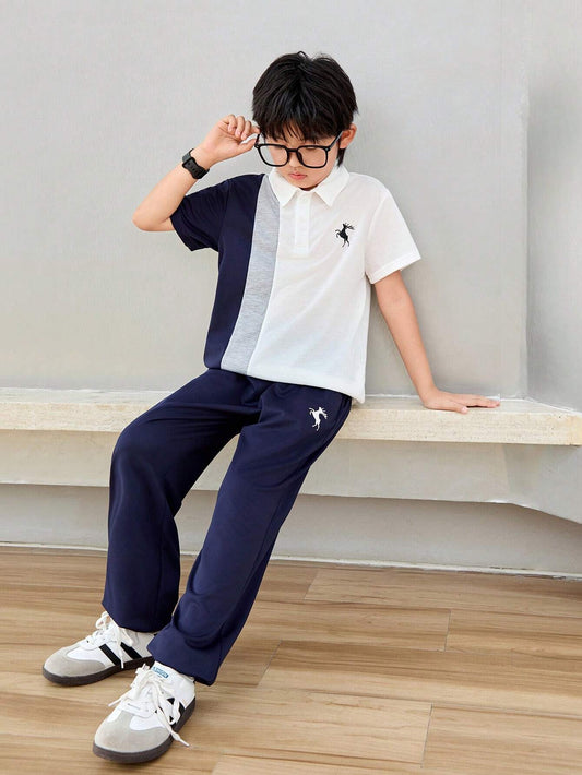 Tween Boy Color Block Casual Collared Short Sleeve Polo Shirt And Jogger Pants Blue