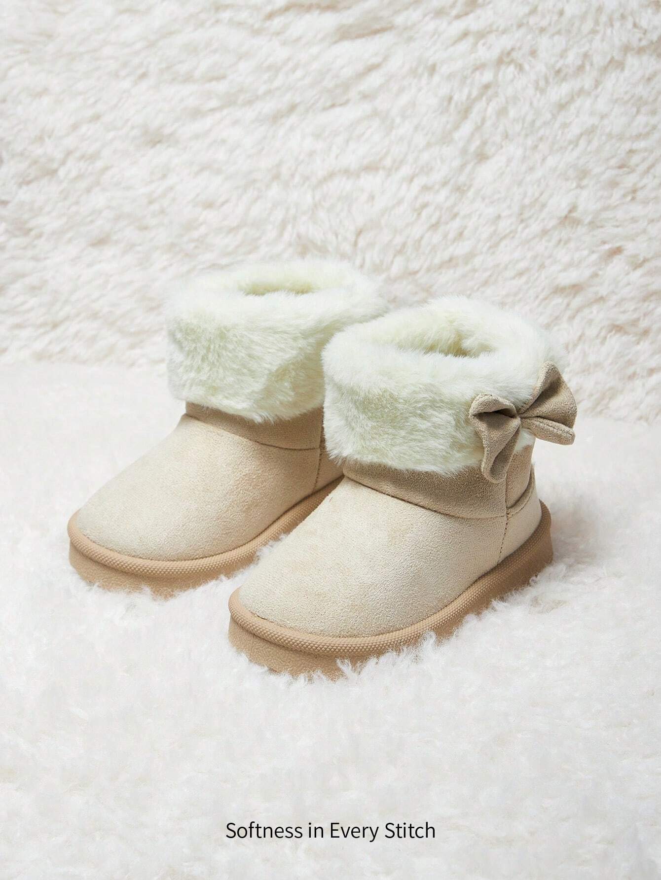 Cozy Pixies 1 Pair Beige Baby Girl Bowknot Fluffy Fashion Trend Warm Cute Comfortable Casual Sports Snow Boots Beige