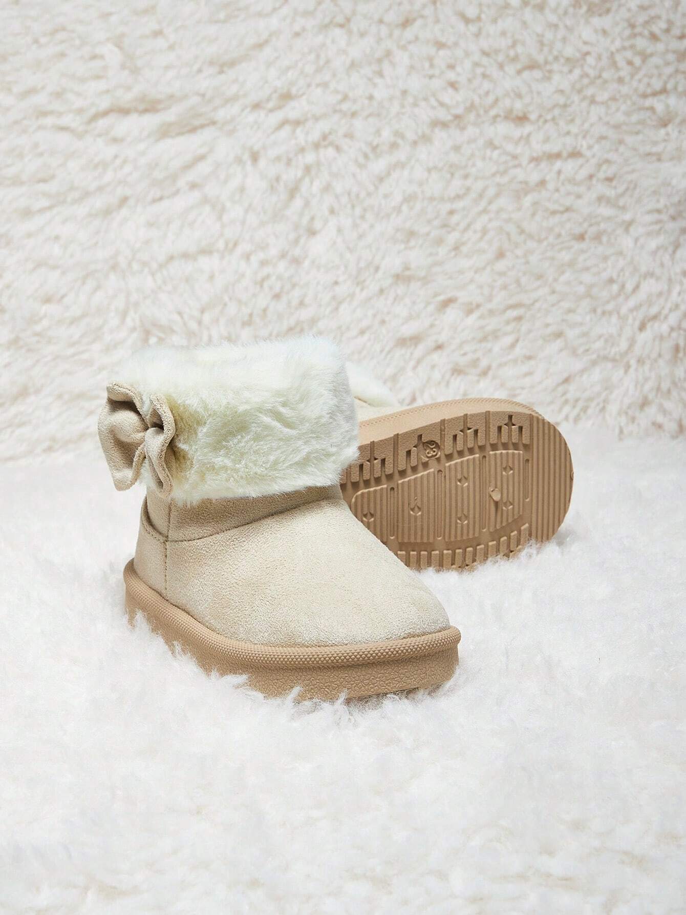 Cozy Pixies 1 Pair Beige Baby Girl Bowknot Fluffy Fashion Trend Warm Cute Comfortable Casual Sports Snow Boots