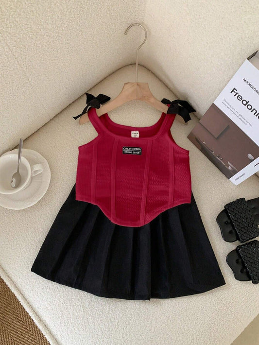 Elegant Ballet Style Camisole Top With Square Collar And Flounced Hem, Paired With Pleated Skirt Burgundy