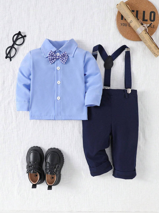 Button Front Long Sleeve Collar Shirt & Bib Overalls Suit Multicolor