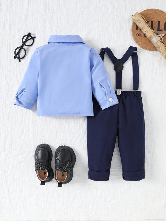 Button Front Long Sleeve Collar Shirt & Bib Overalls Suit