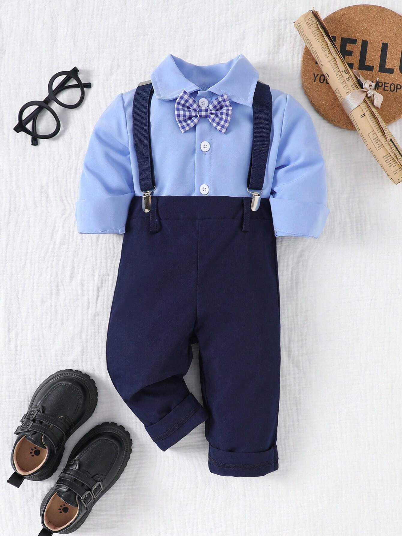 Button Front Long Sleeve Collar Shirt & Bib Overalls Suit