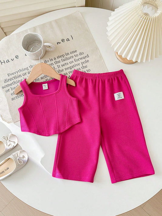 Babygirl Cute Knit Pink Tank Top And Elastic Waist Pants 2-Piece Set Pink