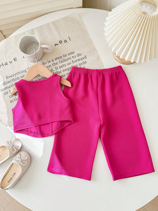 Babygirl Cute Knit Pink Tank Top And Elastic Waist Pants 2-Piece Set