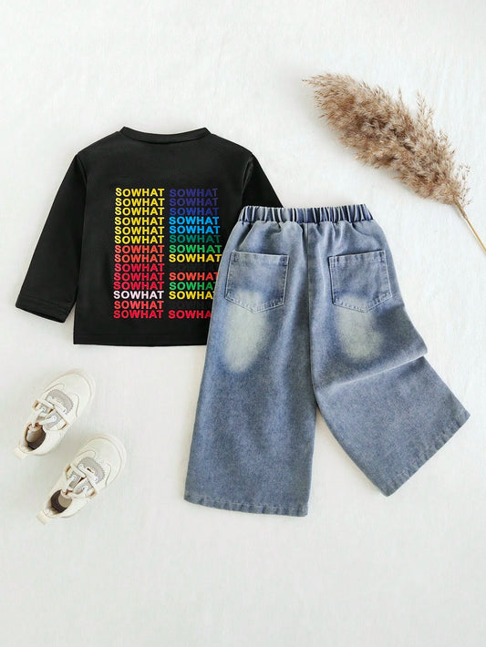 Baby Boy Fashion Letter Print Long Sleeve T-Shirt And Jeans Pants Multicolor