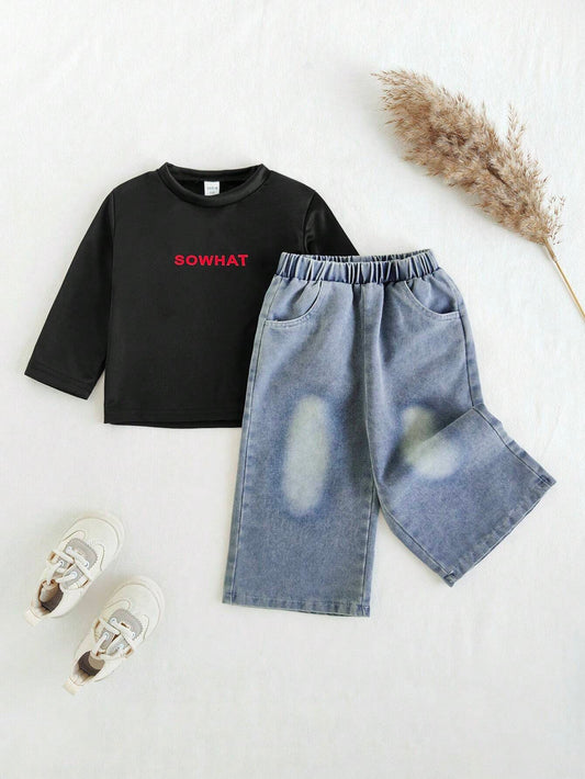 Baby Boy Fashion Letter Print Long Sleeve T-Shirt And Jeans Pants