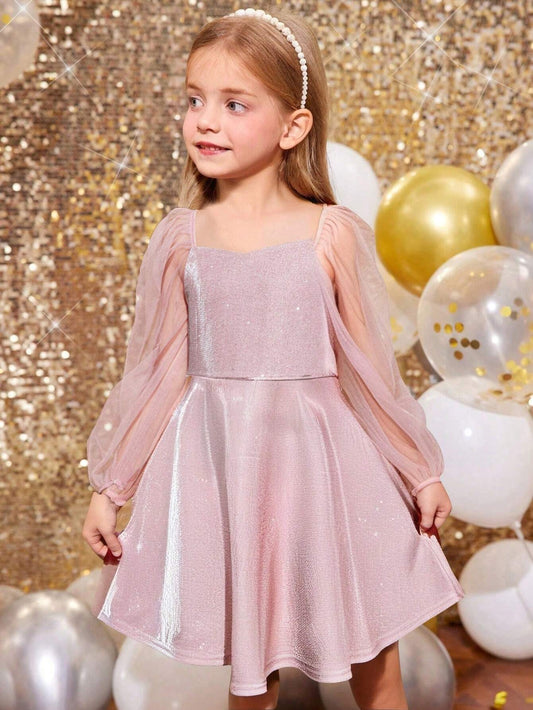 Young Girl Fashionable Elegant Cute Puff Mesh Sleeves,Bling Knit Dress Pink