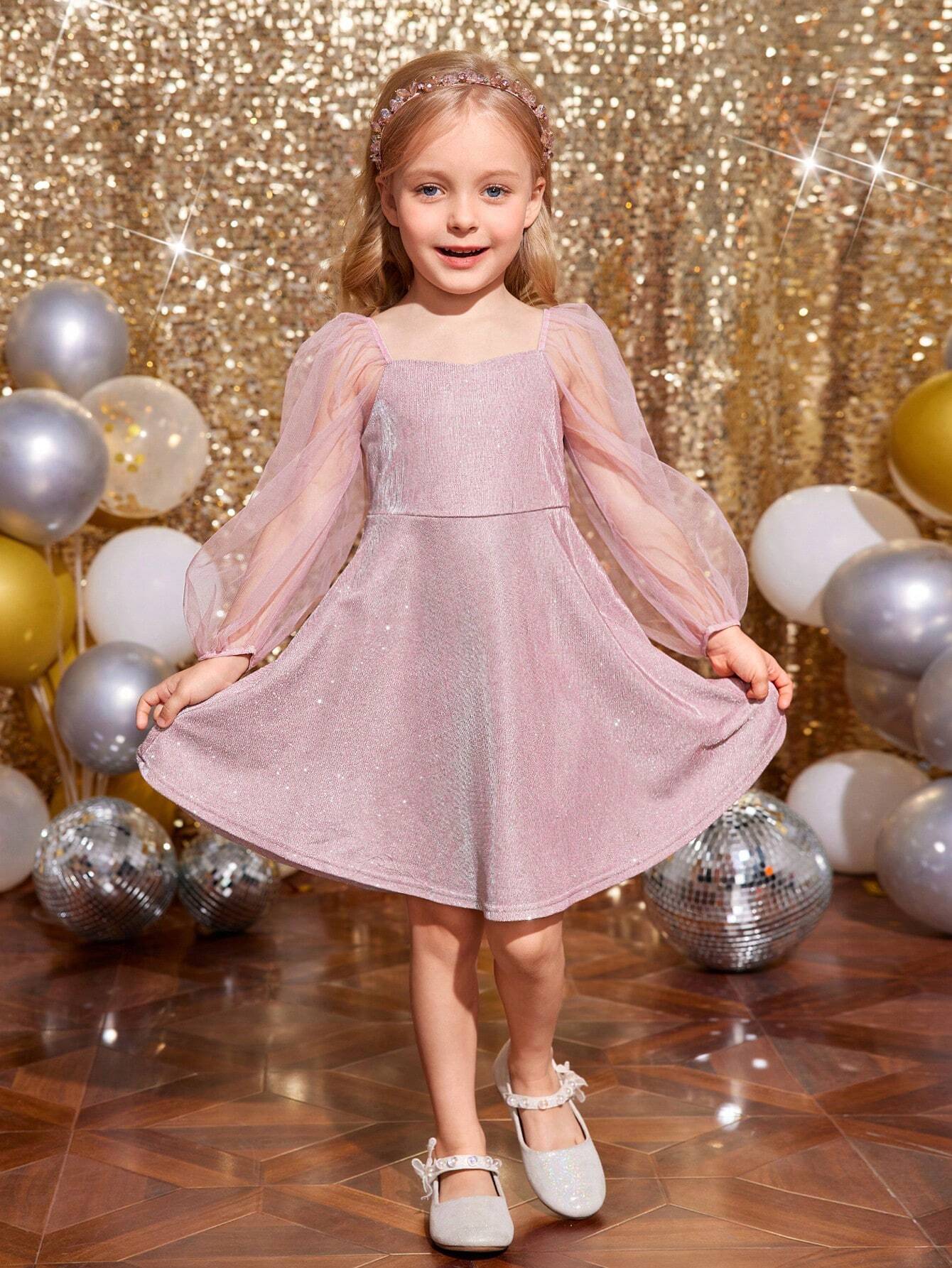 Young Girl Fashionable Elegant Cute Puff Mesh Sleeves,Bling Knit Dress