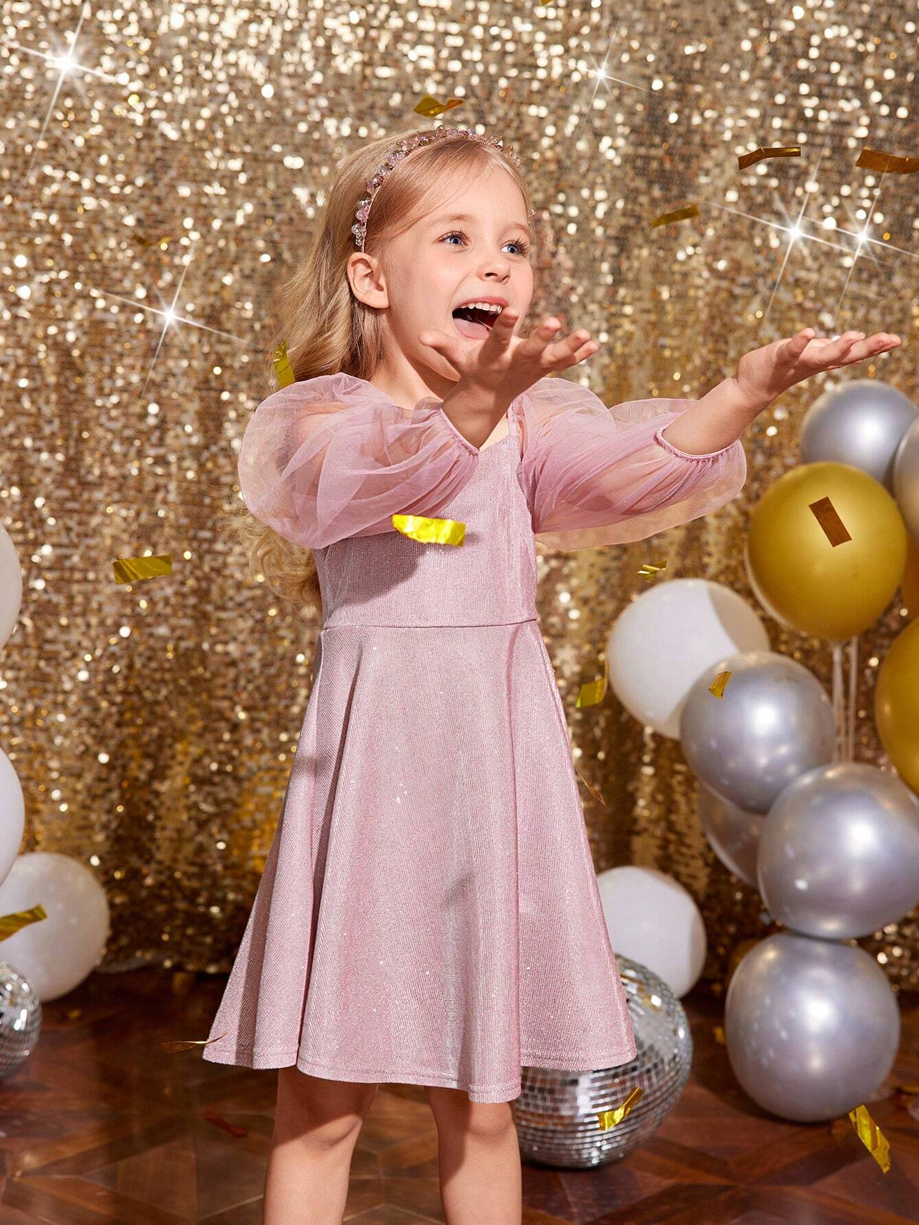 Young Girl Fashionable Elegant Cute Puff Mesh Sleeves,Bling Knit Dress