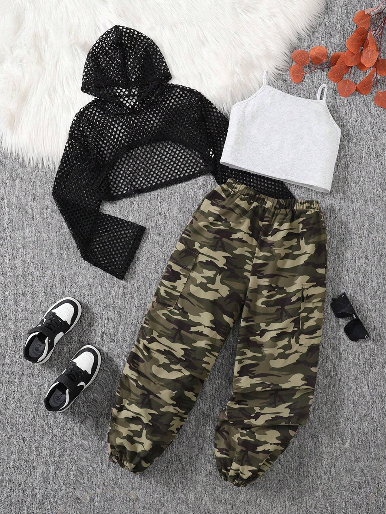 3pcs Tween Girls' Casual Chic Mesh Hooded Long Sleeve Top, Ribbed Knit Tank Top And Camo Cargo Pants Light Grey