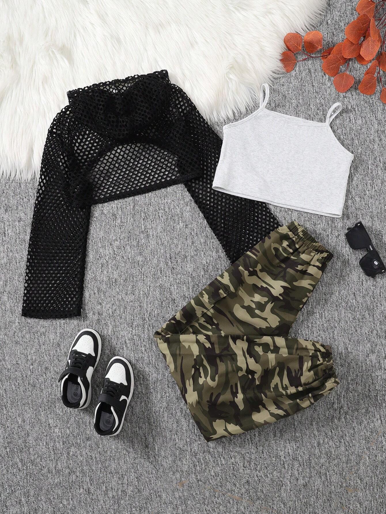 3pcs Tween Girls' Casual Chic Mesh Hooded Long Sleeve Top, Ribbed Knit Tank Top And Camo Cargo Pants