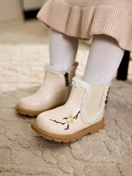 Cozy Pixies Fashionable & Versatile Cute Girl Design Embroidered Anti-Slip Warm Lined Baby Short Boots Beige