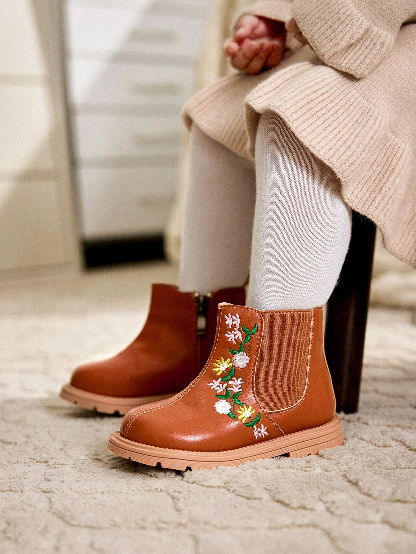 Cozy Pixies Fashionable & Versatile Cute Girl Design Embroidered Anti-Slip Warm Lined Baby Short Boots Brown