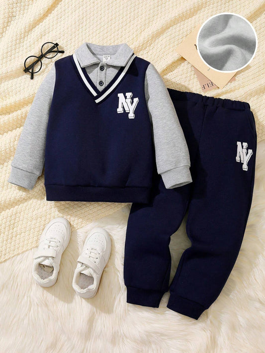 Young Boy Suit Style Polo Collar Sweatshirt And Sweatpants Grey 4Y