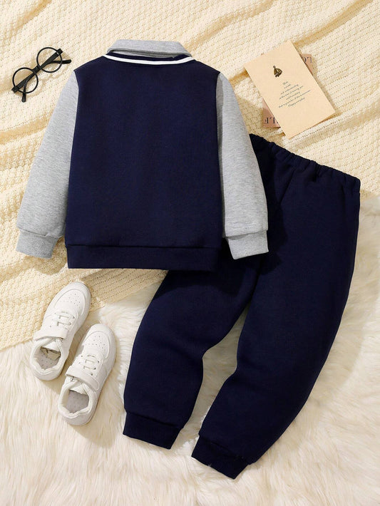 Young Boy Suit Style Polo Collar Sweatshirt And Sweatpants
