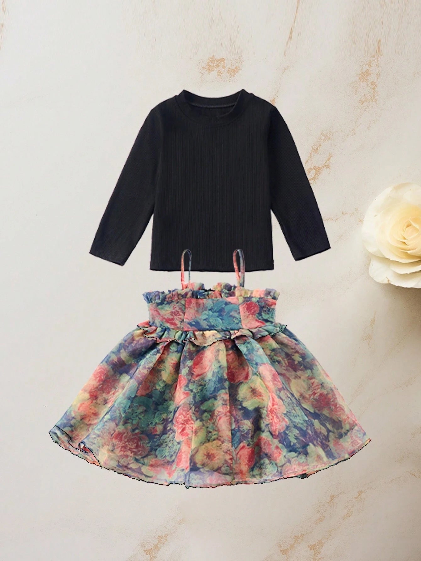 Young Girl 2pcs Outfit Cute Cami Dress & Long Sleeve T-Shirt Set