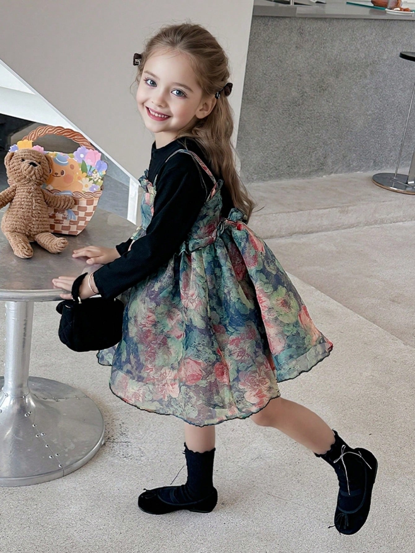 Young Girl 2pcs Outfit Cute Cami Dress & Long Sleeve T-Shirt Set Black