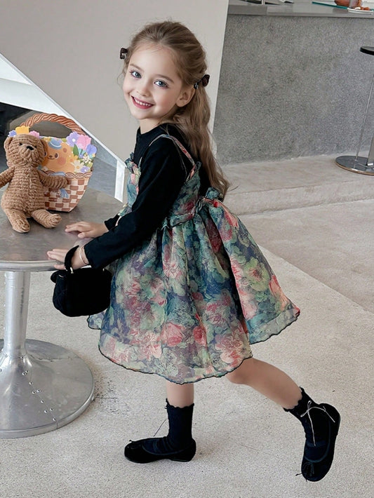 Young Girl 2pcs Outfit Cute Cami Dress & Long Sleeve T-Shirt Set Black