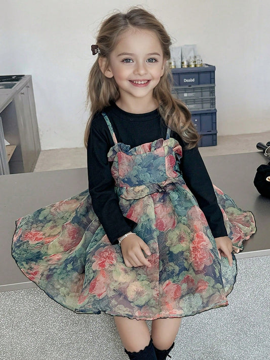 Young Girl 2pcs Outfit Cute Cami Dress & Long Sleeve T-Shirt Set