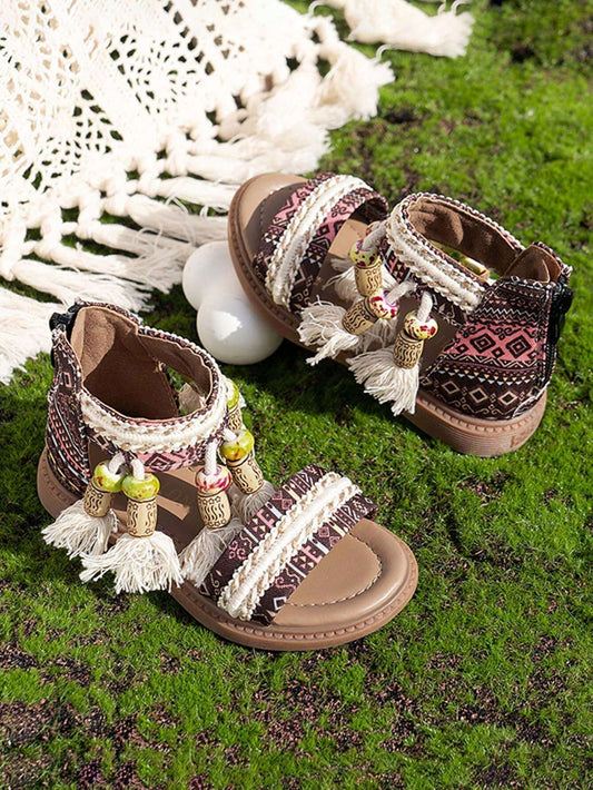 Fashion Princess Style Print Tassel Soft Bottom Student Roman Sandals Khaki