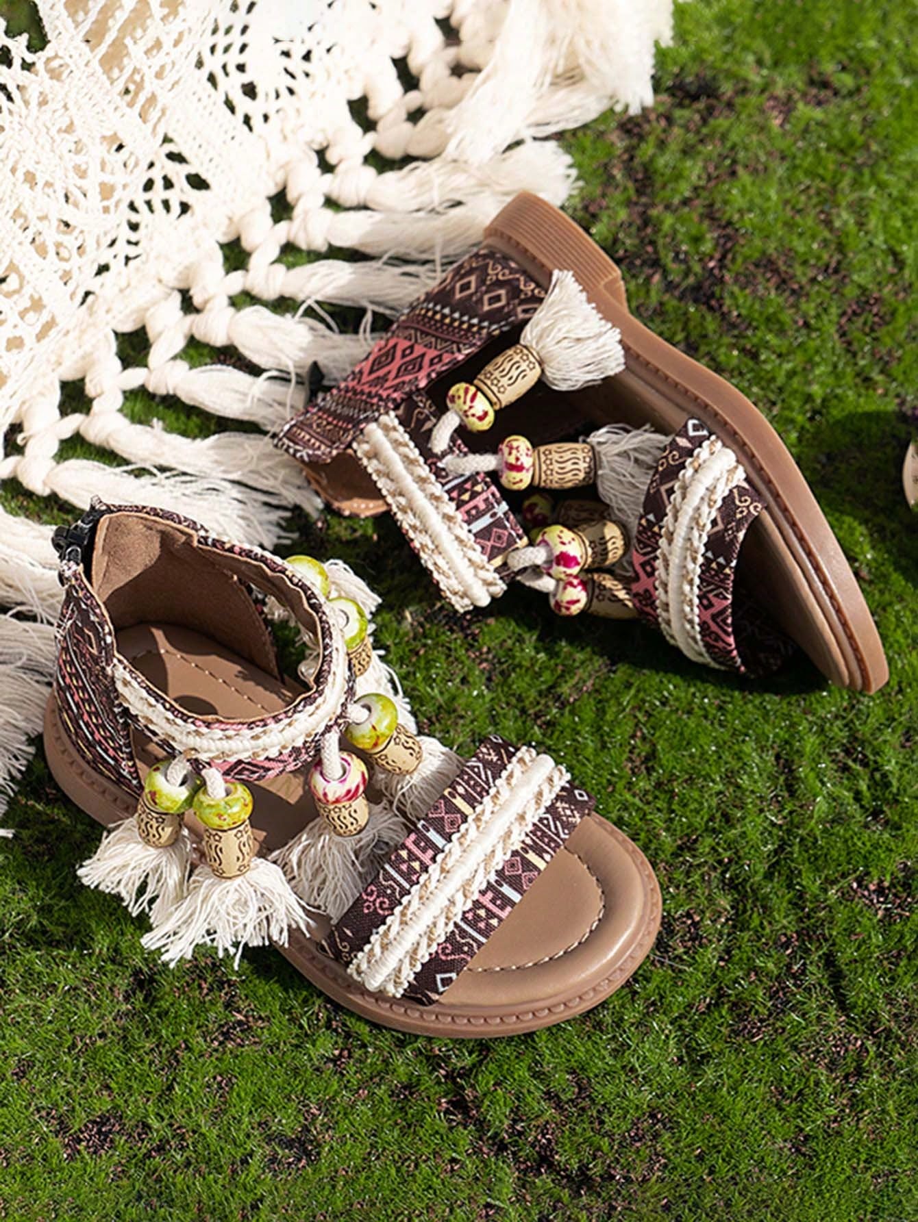 Fashion Princess Style Print Tassel Soft Bottom Student Roman Sandals