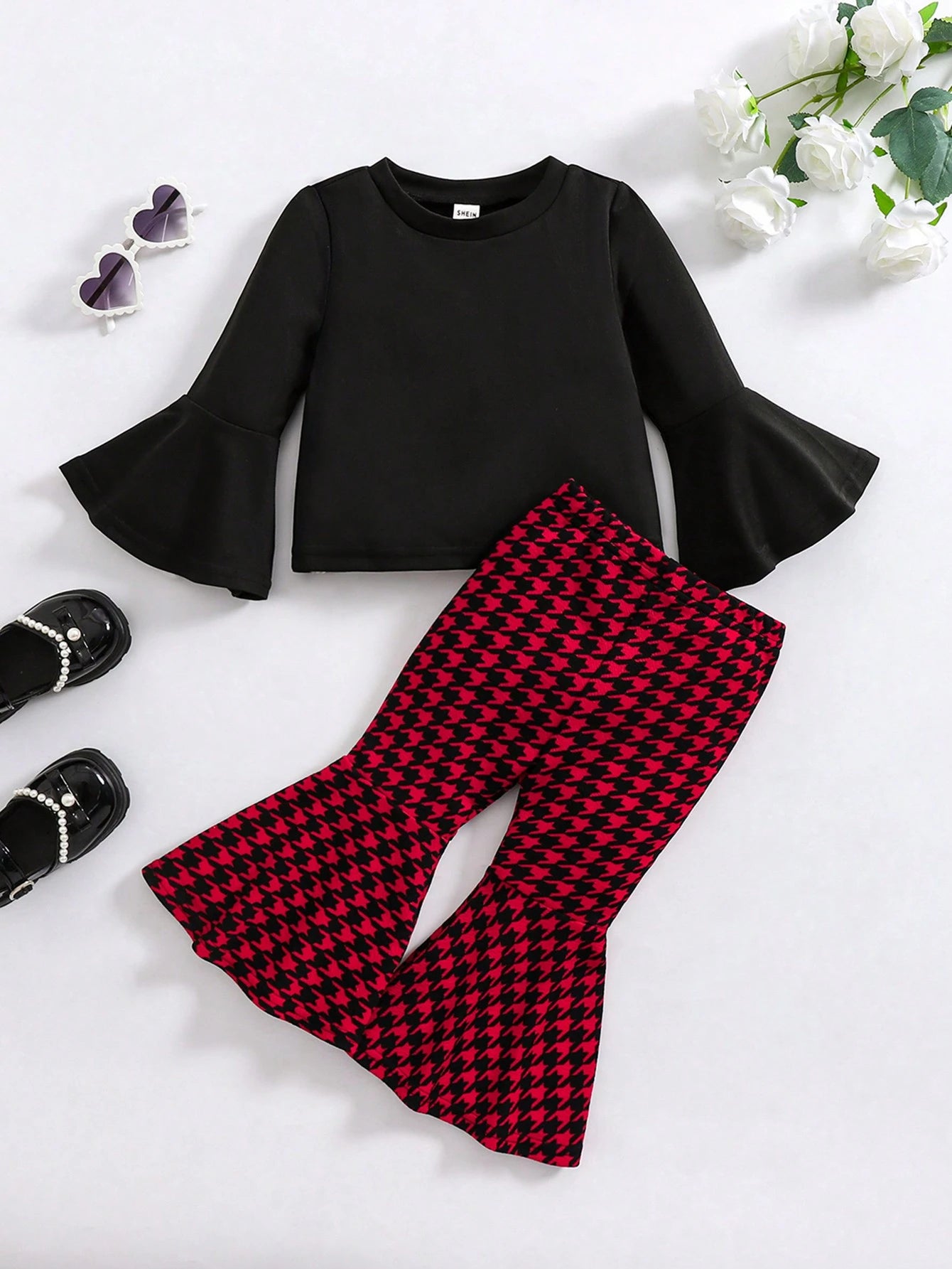 Baby Girl Cute Solid Color Ruffle Trim Long Sleeve Top And Houndstooth Flare Pants Set Multicolor