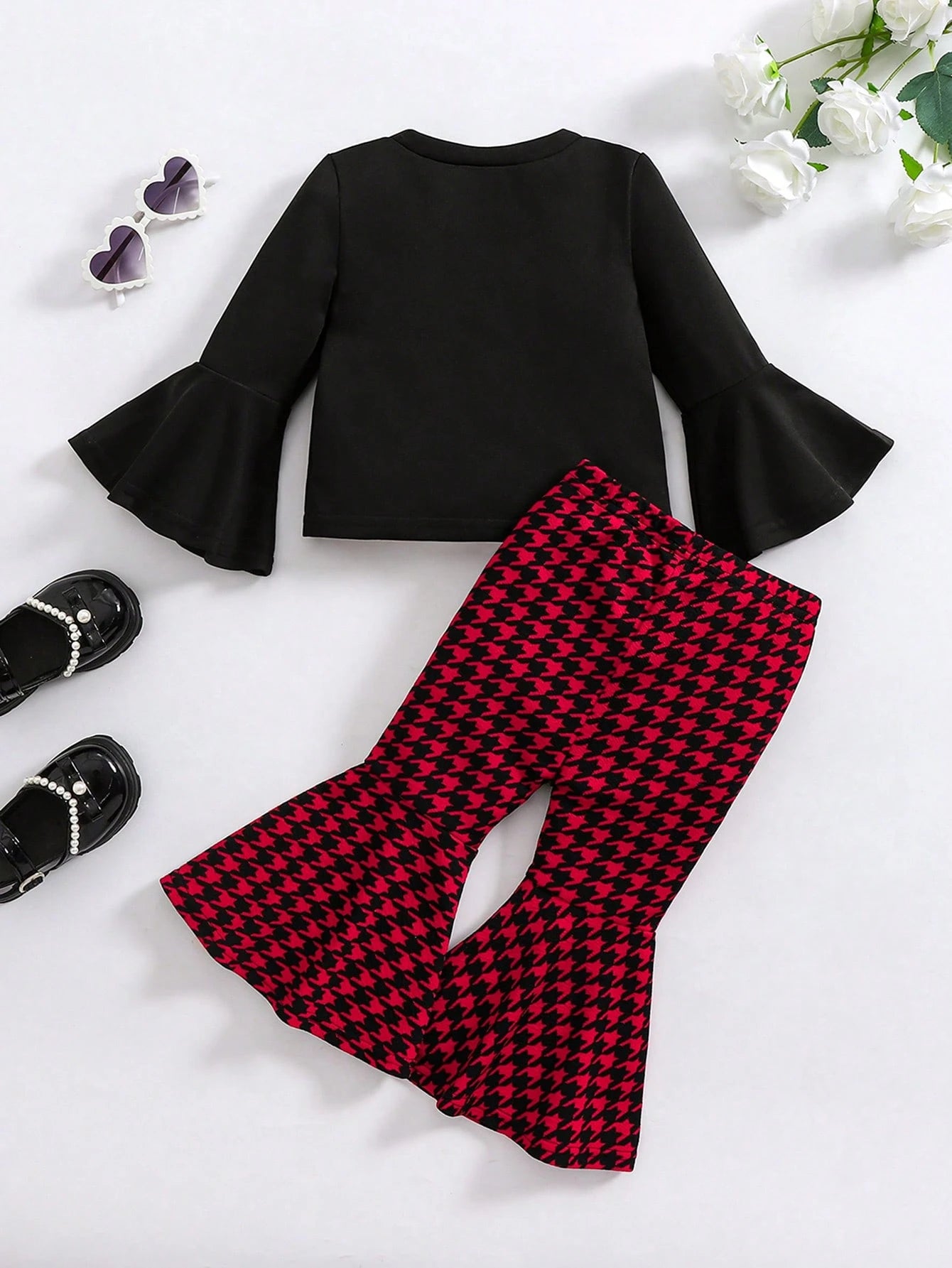 Baby Girl Cute Solid Color Ruffle Trim Long Sleeve Top And Houndstooth Flare Pants Set