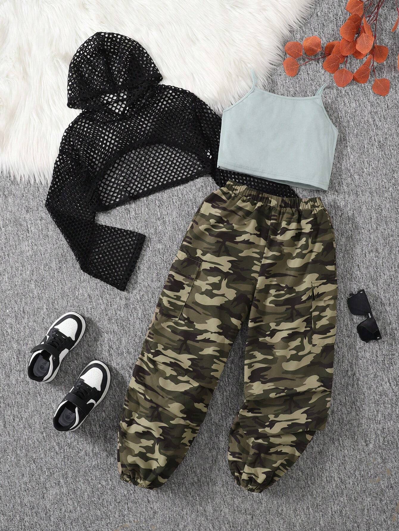 3pcs Tween Girls' Casual Chic Mesh Hooded Long Sleeve Top, Ribbed Knit Tank Top And Camo Cargo Pants Mint Green
