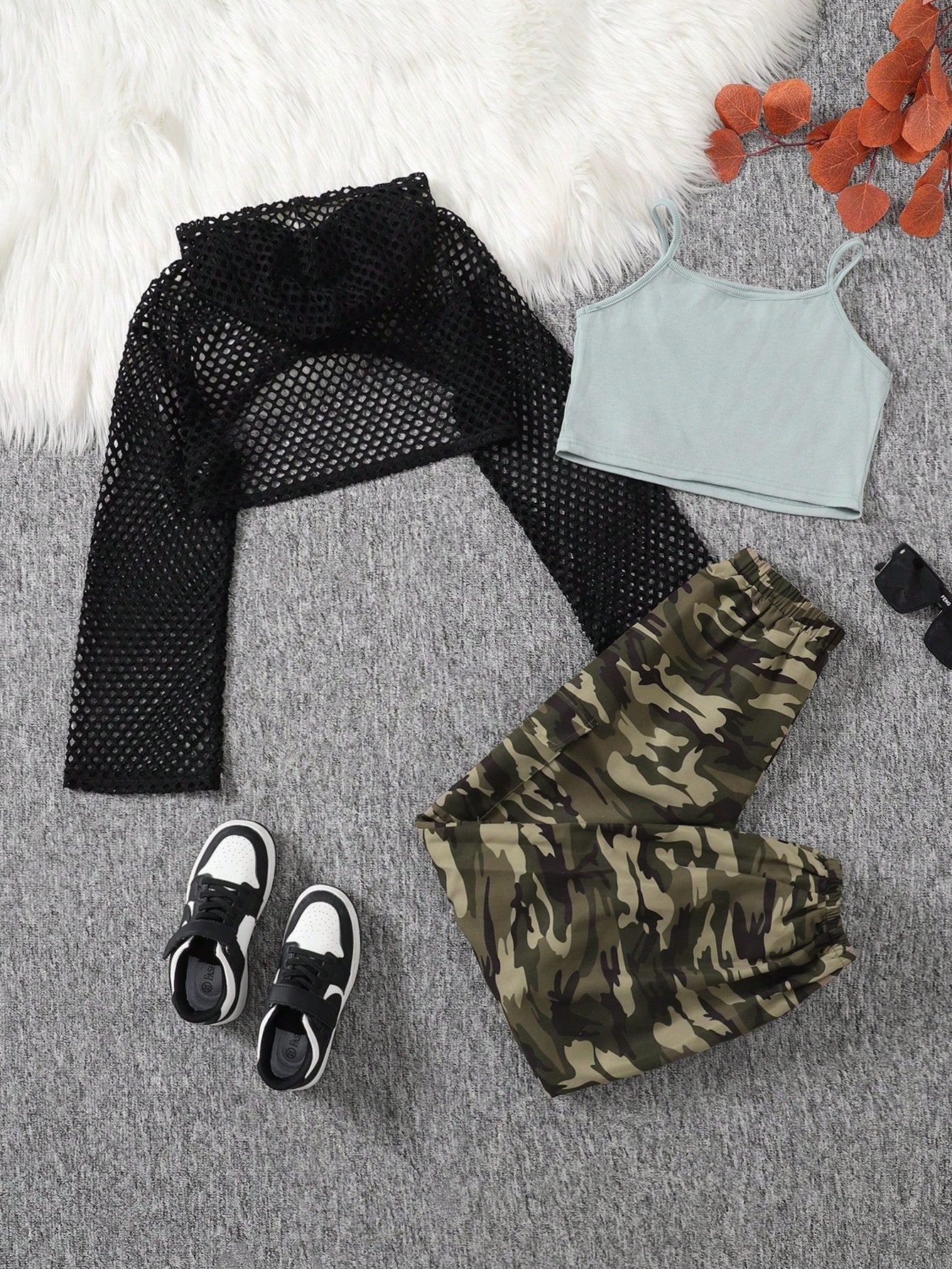 3pcs Tween Girls' Casual Chic Mesh Hooded Long Sleeve Top, Ribbed Knit Tank Top And Camo Cargo Pants