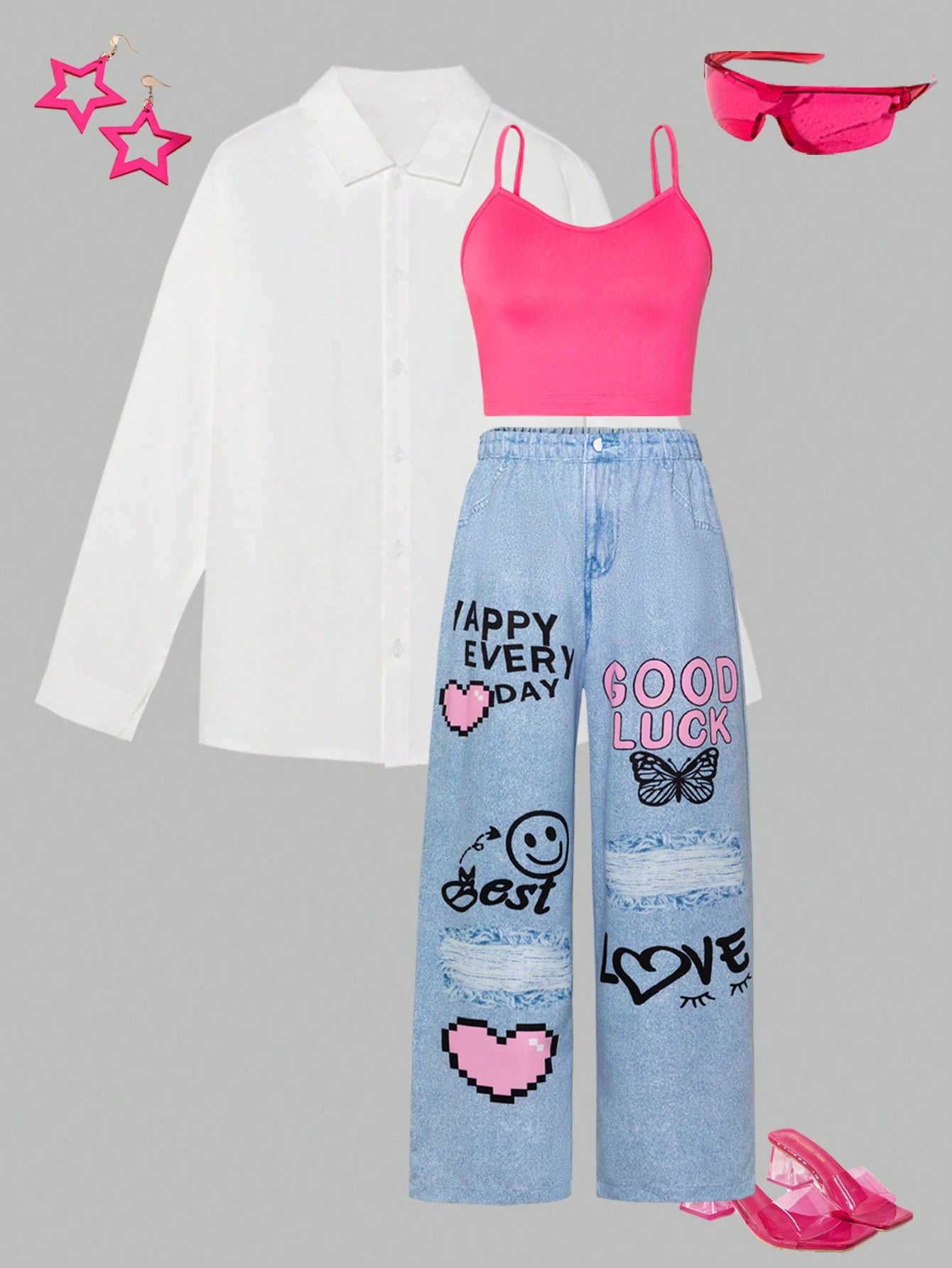 3pcs/Set Tween Girl Casual Open Front Shirt And Wide Leg Jeans Outfit With Vest White