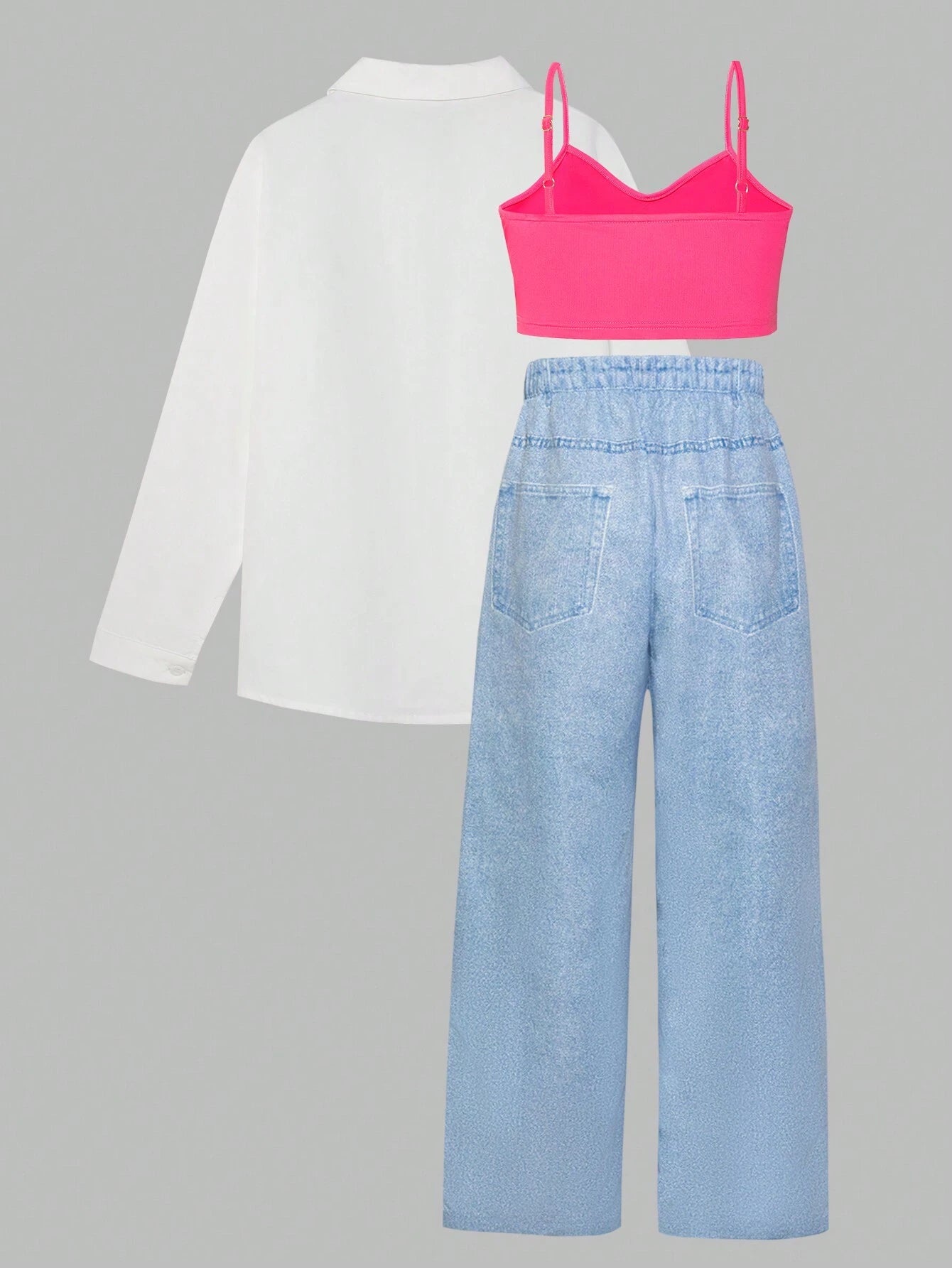 3pcs/Set Tween Girl Casual Open Front Shirt And Wide Leg Jeans Outfit With Vest