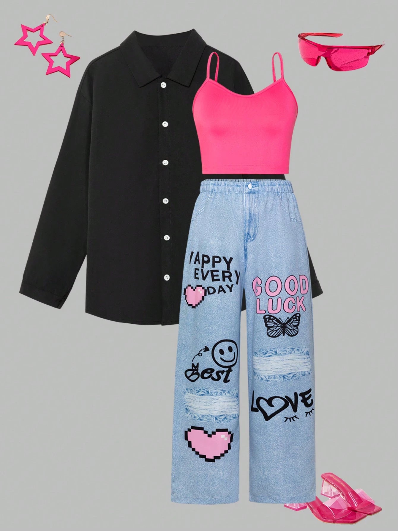 3pcs/Set Tween Girl Casual Open Front Shirt And Wide Leg Jeans Outfit With Vest Black